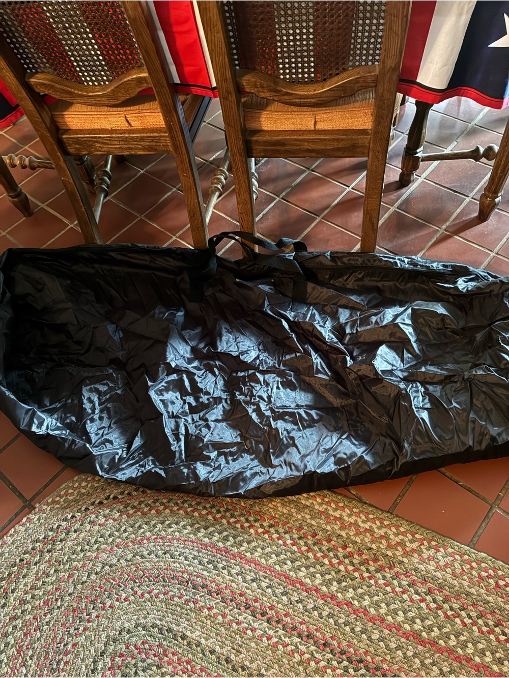 CHRISTMAS TREE BAG, holiday BLACK plastic, packable, zips with carry handle.